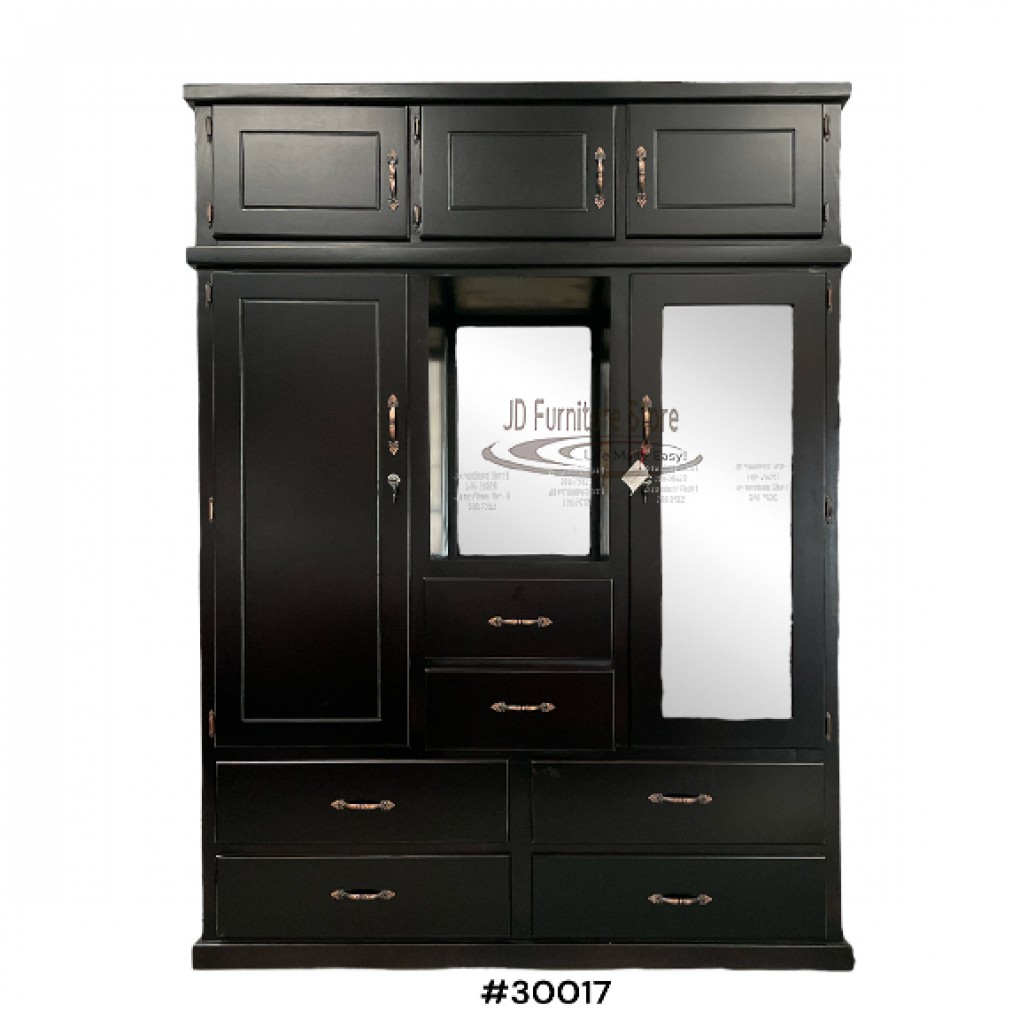 Jumbo Tall Dark Stain Wardrobe with Deep Drawers with mirror and luggage top